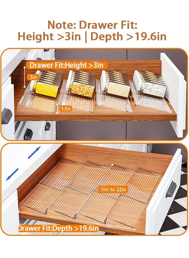 رف بهارات لدرج | منظم أكريليك درجي 8 قطع 4 طبقات قابل للتوسيع غير المنزلق، يلائم أدراج مطبخ 11'' إلى 22''، يحتوي على 24 جرة توابل أو أكثر، صينية شفافة آمنة للغذاء خالية من البيفنول أ، ضرورة لرمضان في مطابخ السعودية - Image 2